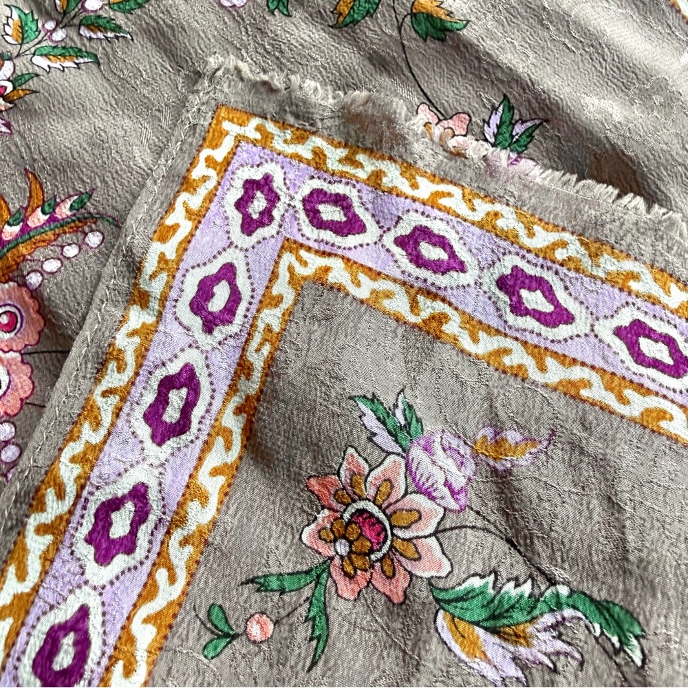 Oscar de la Renta Silk Scarf Floral Taupe Purple Long Designer Wrap 50” - Picture 4 of 10
